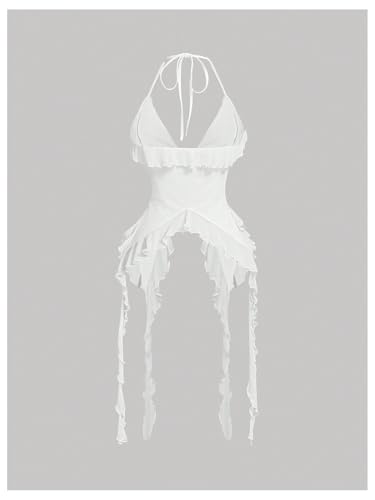 GORGLITTER Women's Y2k Ruffle Halter Tops Sexy Tie Front Backless Asymmetrical Goth Jellyfish Crop Camisole Top2