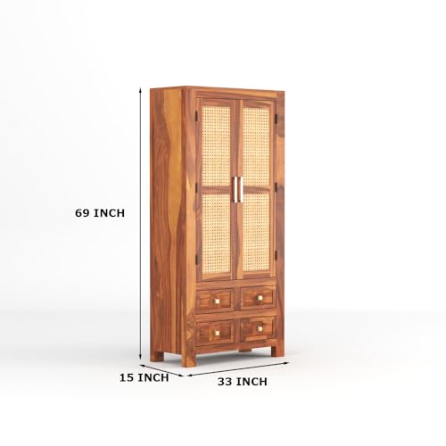 Image of PS DECOR Solid Sheesham Wood Book Shelf Cabinet with Cane Rattan Doors & 4 Drawers | Modern Wooden Bookshelf Storage Unit for Home Library, Living Room & Office (Honey Finish)