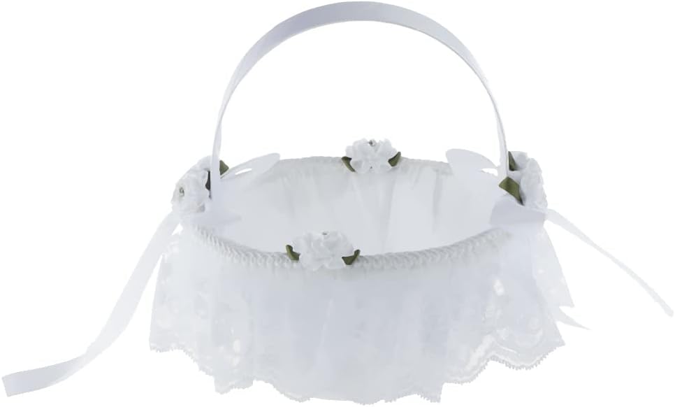 Wedding Flower Girl Basket White with Artificial Rose Ribbon Bowknot Rhinestone