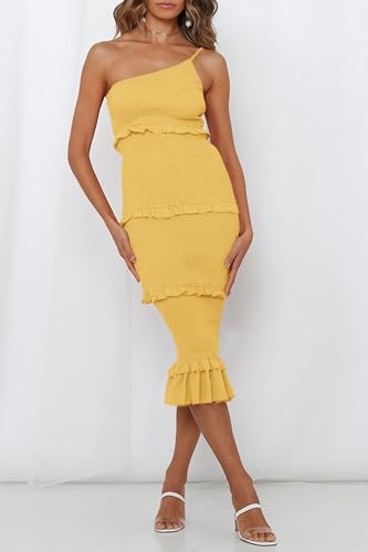 Image of PRETTYGARDEN Women's Summer Midi Bodycon Dresses One Shoulder Strappy Tiered Ruffle Floral Boho Sun Dress