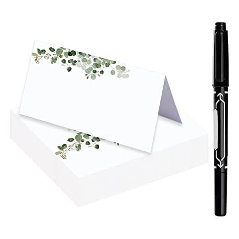 Eucalyptus Place Cards with Pen for Weddings or Dinner Parties, 50 Piece Tent Table Place Cards, Printable Seating Cards, Name Escort Cards, Easy to Write and Print Design, 3.5” x 2” Cover