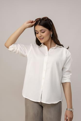 Image of Women's Linen Blend Shirt | Casual Collared Button Down Shirt for Women | Solid Color Full Sleeve Oversized Fit | Summer Casual & Office Wear Top