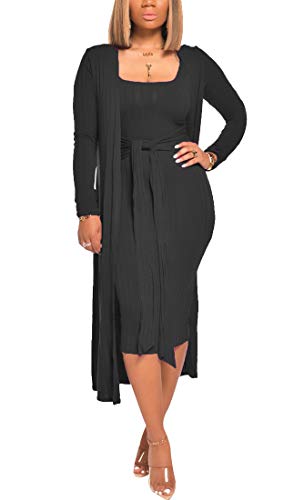 Aro Lora Womens 2 Piece Outfits Open Front Cardigan Tie Knot Tank Bodycon Midi Dress Set Clubwear Large Black #TOP1