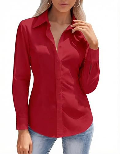 HOTOUCH Women's Basic Button Down Shirts Long Sleeve Slim Fit Simple Tops Stretch Formal Casual Work...