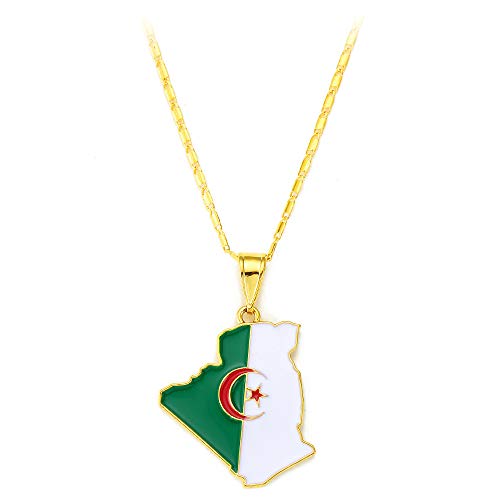 Chandler Collier avec carte de l'Algérie et drapeau - Bijou hip-hop pour femme, homme, fille - Cadeau (G1) - Verre