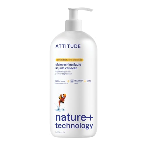 Image of ATTITUDE Dish Soap, EWG Verified, Plant-Based & Vegan Dishwashing Liquid, Naturally Derived, Citrus Zest Scent, 33.8 Fl Oz