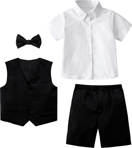 Image of A&J DESIGN Boys Short Suit Set 3 Pieces Kids Formal Gentleman Outfit, 4-11 Years, Shirt + Vest + Shorts + Bow Tie