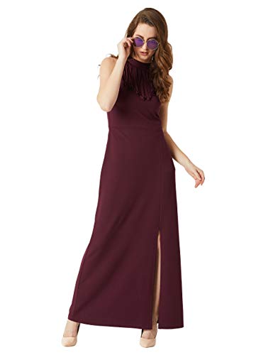 Image of Miss Chase Women's Designer Wine Red Fringed Halter Neck Sleeveless Solid Maxi Front Slit Dress