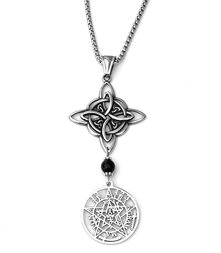 Simboliks Colgante Tetragrammaton con Nudos de Bruja mineral negro, Amuleto Triple Protección en Acero Inoxidable   Joyería Esotérica para Energía y Protección Espiritual   Regalo Bruja