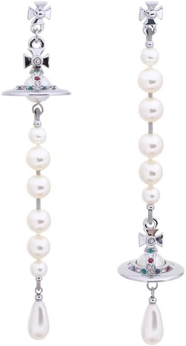 女性のための土星のカラフルなパールイヤリング - カラフルなパールサターンイヤリングイヤースタッド(シルバーホワイト), M, 真鍮