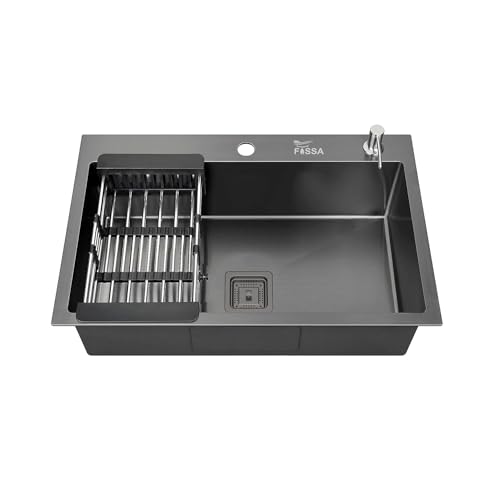 Image of Fossa Black Kitchen Sink - 24 inchx18 inchx10 inch Stainless Steel Single Bowl Sink with Tap Hole, Drain Basket, Soap Dispenser, Drain - Topmount Sink for Campervan or Home Kitchen (Black)