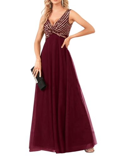Women Sequin Maxi Formal Evening Party Dresses Glitter V Neck Empire Waist Sleeveless Tulle Wedding Guest Dress Burgundy XL
