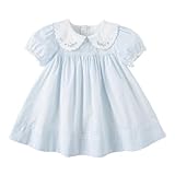 DAVE&BELLA Toddler Baby Girls Summer Dress, Short Puff Sleeve Cotton Sundress Blue Striped Floral Embroidery Prince Dresses