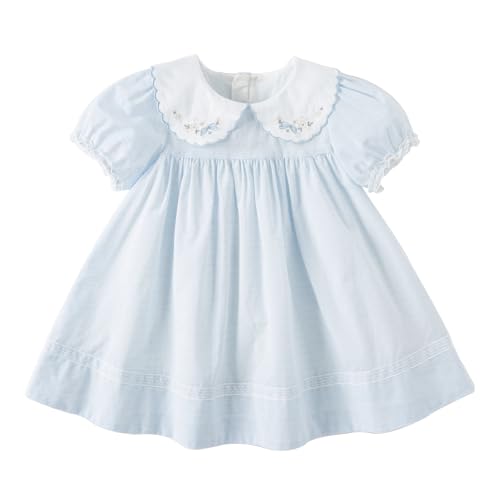 DAVE&BELLA Toddler Baby Girls Summer Dress, Short Puff Sleeve Cotton Sundress Blue Striped Flower Embroidery Prince Dresses