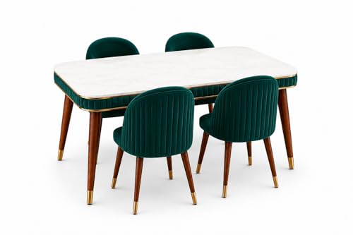 Image of WOODEN SPACE Majestic 4 Seater Wooden Dining Table Set | Urban Marble Top Dining Table with Chairs for Dining Room & Kitchen (Sea Blue Majestic Backline)