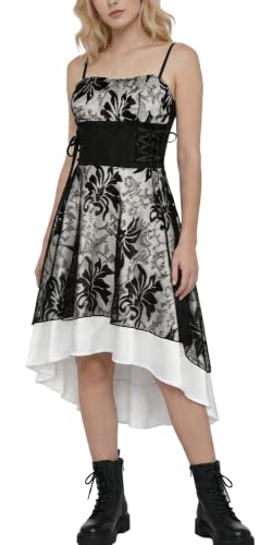 Women Lady Gothic Punk Dresses Spaghetti Strap Pleated Midi Dress High Low Hem Floral Lace Dress Drawstring Waist Cami Vintage Dress Lolita Halloween Renaissance Costumes A-White