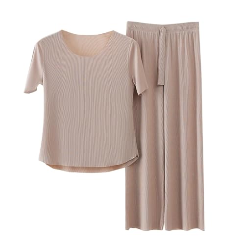 Summer Short-Sleeved Ice Silk Pajamas with Loose-Leg Pants Casual Loose Short Sleeve Pullover Tops & Wide Leg Pants