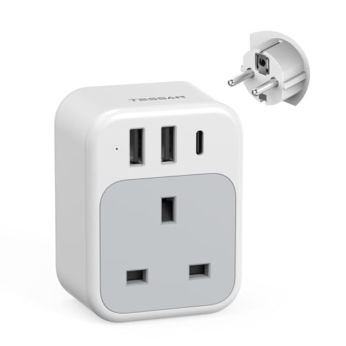 TESSAN UK to European Plug Adapter, USB C Travel Adaptor Europe with 3 USB, 3250W EU Charger Plug, Type E F for Euro Spain France Turkey Germany Egypt