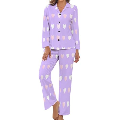 Pyjama deux pièces femme à motif géométrique cœur et manches longues