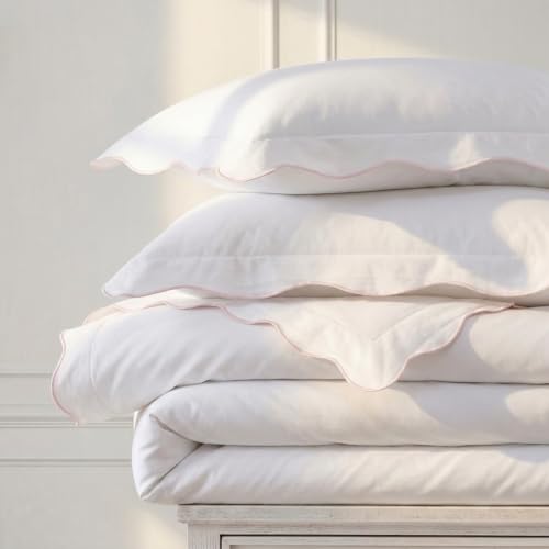 Image of Martha Stewart - Queen Comforter Set, Crisp & Smooth Bedding with a Cotton Percale Lightweight Feel, Reversible 3 Piece Bed Set with Matching Pillowcases (Simple Scallop Pink)