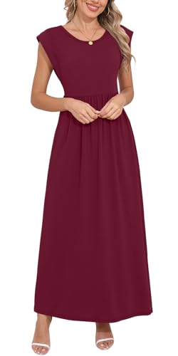Image of DB MOON Womens 2026 Maxi Dresses Empire Waist Long Summer Dress Casual Cap Short Sleeve Sundress with Pockets