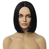 Ufindcos Black Wig Black Bob Wig Middle Part Short Straight Wig Black Hair Wigs for Women Girls Synthetic Heat Resistant Halloween Costume Party Wig with Wig Cap (Black, 10 Inches)