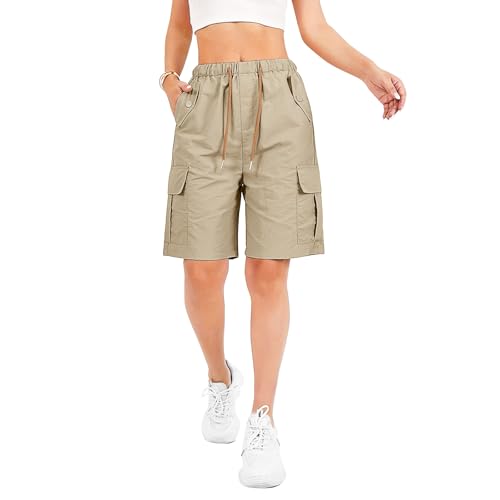 MKLUNJOP Womens Bermuda Shorts with Pockets Knee Length Baggy Drawstring Womens Cargo Shorts with Pocket Summer Outdoor Hiking Short Beige S