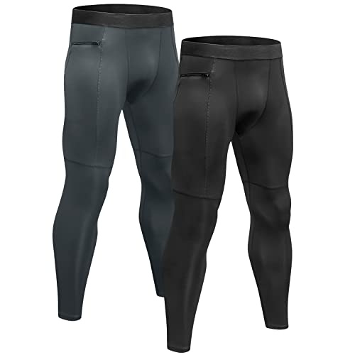 Niksa Men's Compression Pants Pockets, 2Pack Running Tights Leggings Workout Cool Dry Baselayer Gym Athletic Yoga Pants (Xx-Larege Long, Grey-Black) #TOP20