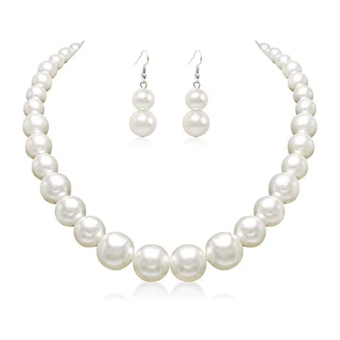 Cryshimmer Pearl Choker Necklace for Women Faux Pearl Beads Strand Necklace Earring Set Costume Jewelry Cover