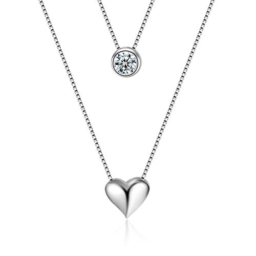 Preisvergleich Produktbild AllRing Damen Halskette Exquisite Anhänger Halskette stilvoll doppellagig Herz Schlüsselbein Kette Kristall Halskette Elegant Silber Hochzeit Schmuck Weihnachten Geschenk für Frauen Mädchen Damen