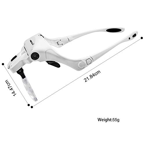 BIJIA Lupenbrille mit 2 LED Licht Hände Frei Kopfband Lupen Standlupe für Hobby, Lesen, Elektriker, Juweliere, Nähen, Reparatur, und ältere Menschen,5 Wechselobjektive(1.0X bis 3.5X)