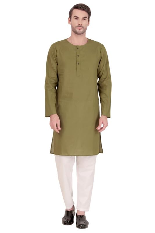 Mens Indian Casual Cotton Kurta Pajama Set - Olive - Crew Neck
