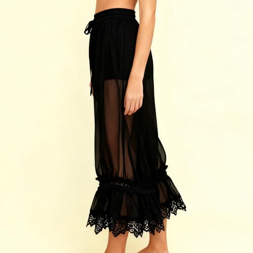 Image of UAURORAO Women Lace Trim Long Bloomers Elastic Mid Rise Ruffle Pantaloons Cropped Flared Slips Pants Pajama Bottoms