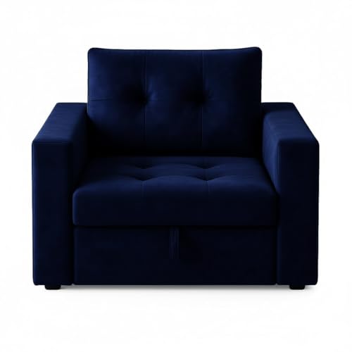 Image of FURNY Tressa 1 Seater Fabric Pull-Out Sofa Cum Bed (Dark Blue) - Premium Velvet Finish - Durable Comfort - Ideal for Living Room