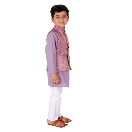 Image of Superminis Boy's Cottton Kurta Cotton Brocade Printed With Golden Thread Work Nehru Jacket and Elastic Closure Pyjama Set