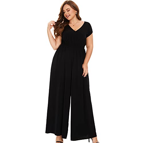 Tanmolo Jumpsuits For Women Dressy Deep V-Neck Plus Size Long Romper Classy Pantsuits Wide Leg Jumpsuit,Black,1Xl #TOP1
