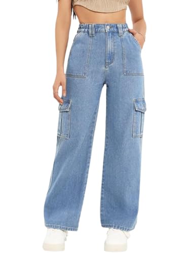 DEELMO Women Denim Cargo Pants High Waist Wide Leg Utility Trouse...