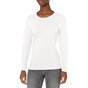 Hanes Women's Originals Long Sleeve Cotton T-Shirt, Lightweight Crewneck Tee, Modern Fit, White, Medium
