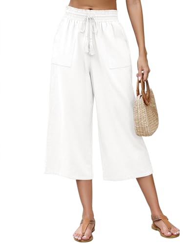 LOMON Capri Linen Pants for Women Yoga Workout Wide Leg Loose Flowy High Waisted Summer Lounge Cropped Pants Baggy Elastic Waist Drawstring Casual Palazzo Trousers with Pockets White Medium