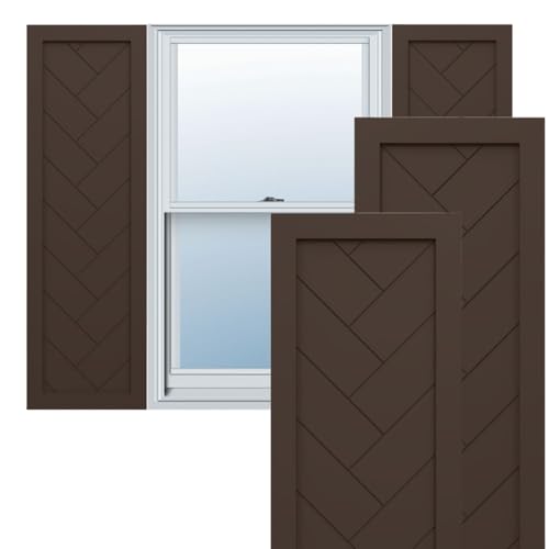 12"W x 45"H True Fit PVC Single Panel Herringbone Modern Style Fixed Mount Shutters, Raisin Brown (Per Pair - Hardware Not Included)
