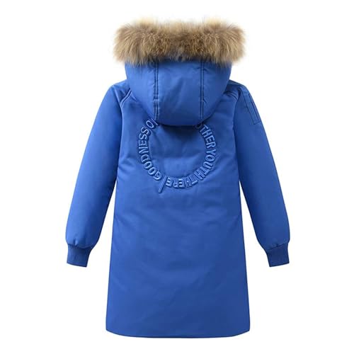 Boys Girls Long Winter Warm Puffer Down Coat Kids Faux Furry Hooded Down Jacket Outerwear Windproof (Blue, 7-8 Years)2