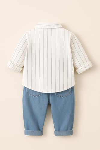 Image of Bold N Elegant Boys Cotton Muslin Shirt with Jeans Casual Outfit for Kids | Soft Stripe Shirt with Denim Pant Party Dress for Boys