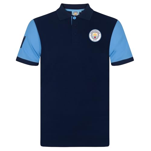 Manchester City FC Officiel - Polo thème Football - avec Blason - Homme - Bleu Marine/Manches Contrastantes - 3XL