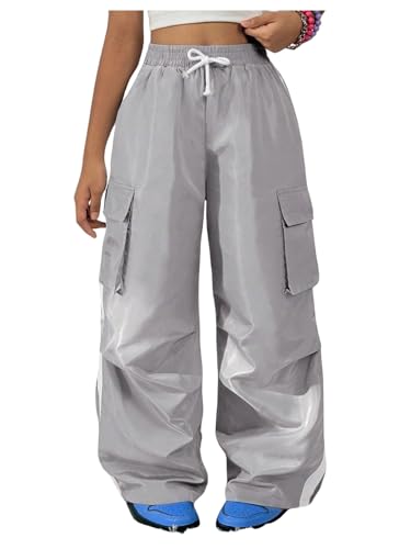 Floerns Girl's Parachute Pants Elastic Waist Straight Leg Athletic Cargo Pants