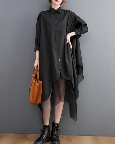 ellazhu Women's Casual Solid Long Sleeve Irregular Tulle Shirt Dress GZ454