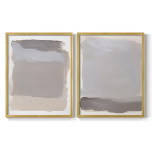 Renditions Gallery Set of 2 Peel & Stick Framed Prints, Abstract Wall Art, Layered Neutral Tones Wall Decor, Re-Stickable - Ready to Hang - 22"x28" - Gold Frame LT608