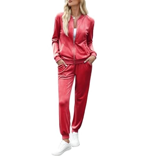 Marvmys Women's Velour Tracksuit Full Zip Up Sweatsuits Set 2 Piece Outfits Jogger Set Small Bright Red