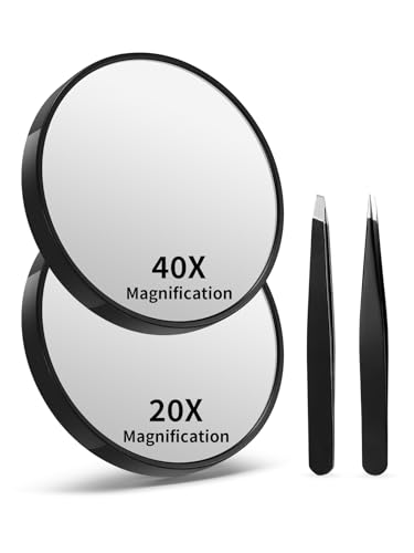 Image of Macaki 20X&40X Magnifying Mirrors with Suction Cups and 2 Tweezers Set，3.5 inches Magnified Makeup Mirror, Black, 2PCS