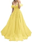 HPPEE Off Shoulder Prom Dresses for Wedding with Lace Applique Plus Size Ball Gown Floor Length Yellow Formal Dress UK28