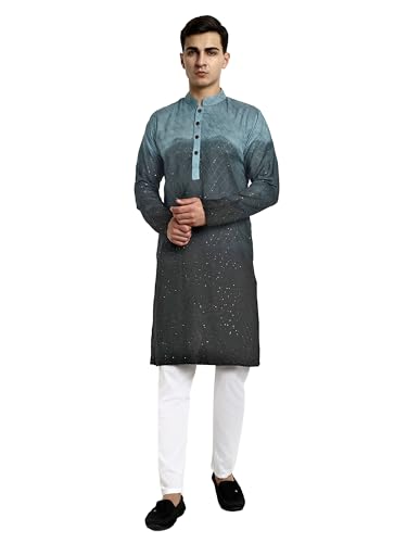 Image of Vardha Men's Cotton Chikankari Embroidered Kurta with Full Sleeves and Knee Length Design and Elegant Sequence Work | Kurta for Men